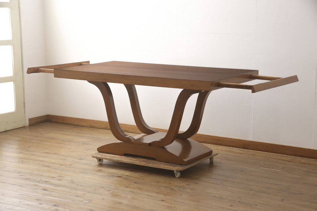 イギリスビンテージ　ウォールナット材　モダンなデザインでおしゃれな空間を演出するダイニングテーブル(エクステンションテーブル、ヴィンテージ)(R-057137)