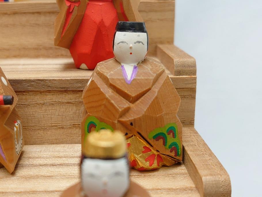 奈良　南都　川口神泉　木彫　金彩　極彩色　五段　十五人揃　一刀彫雛人形(共箱付き、木製、雛壇、ひな人形、段飾、コンパクト)(R-062853)