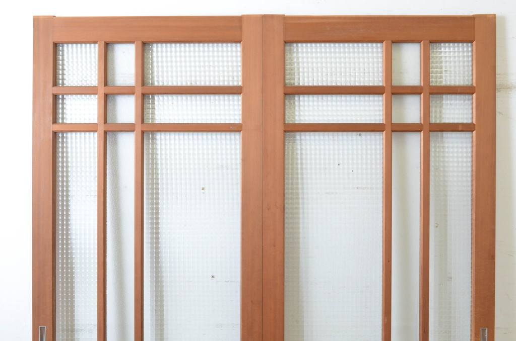 ビンテージ建具　チェッカーガラスの背の高いガラス戸2枚セット(引き戸、ヴィンテージ)(R-065518)
