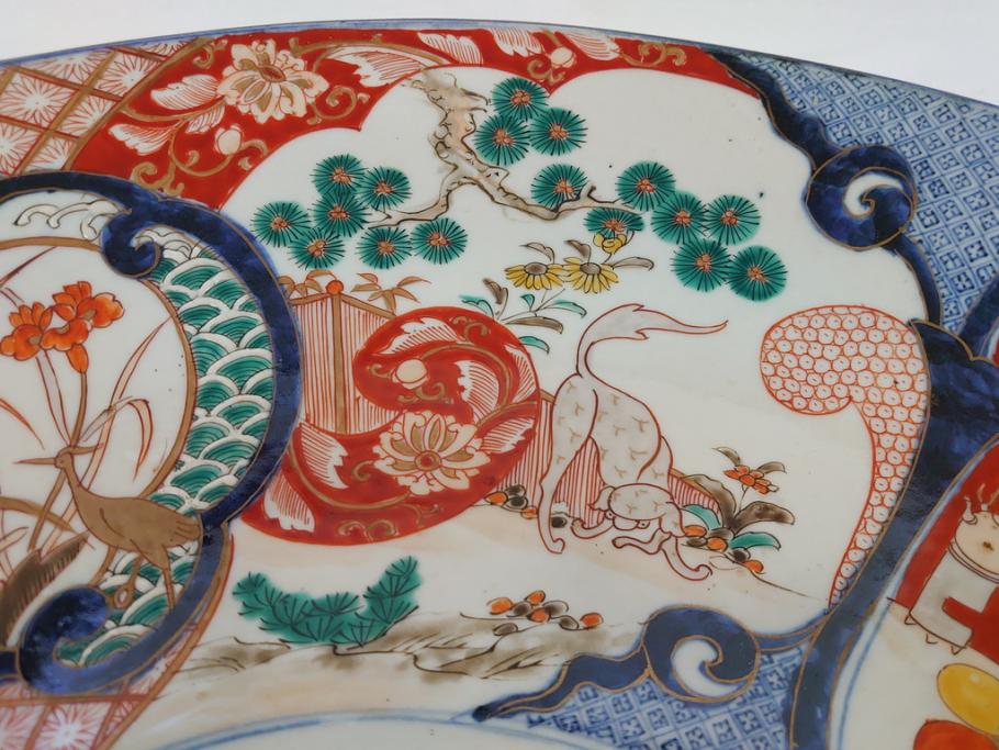 特大!　江戸期　古伊万里　色絵　松　獅子　唐人　花鳥　1尺8寸　約55cm　大皿(一尺八寸、和食器、和皿)(R-062898)