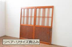 昭和中期　和の風情あふれる佇まいが魅力の摺り上げ雪見障子戸2枚セット(引き戸、建具)