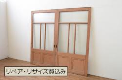 昭和期　腰板ケヤキ材　上品な雰囲気漂う裏障子付き格子戸(引き戸、建具)2枚セット(1)