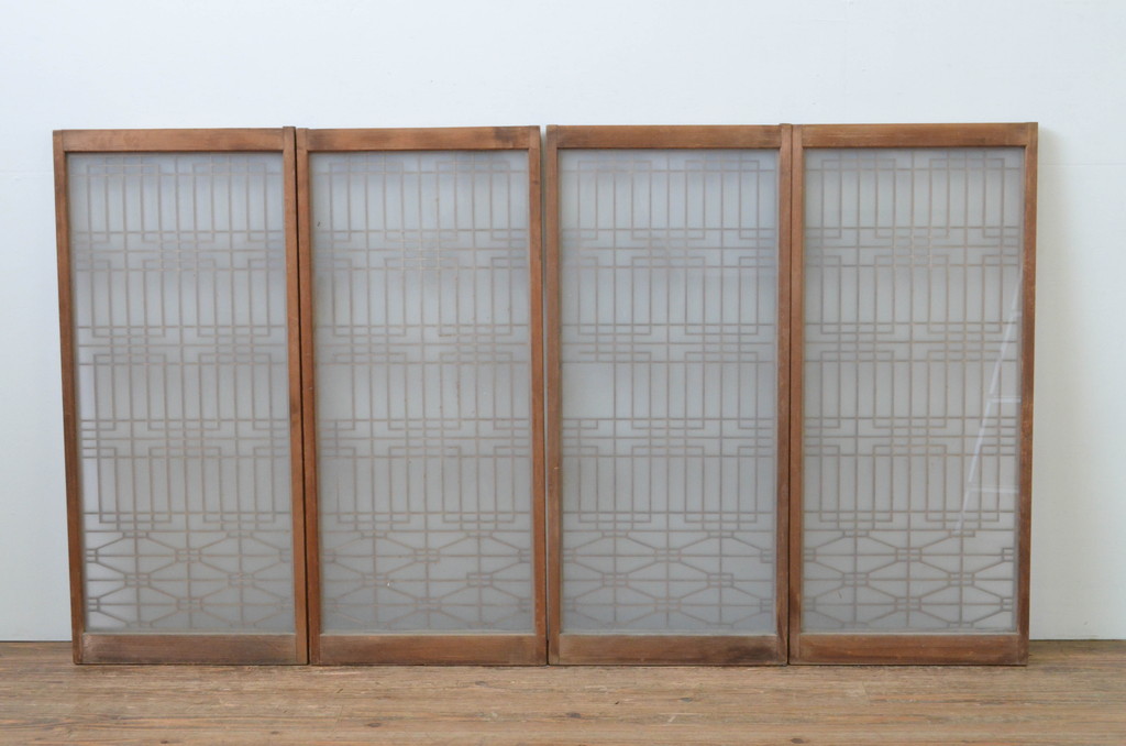 アンティーク建具　繊細な組子が魅力のガラス入り書院戸4枚セット(引き戸、ガラス戸、窓)(R-067207)