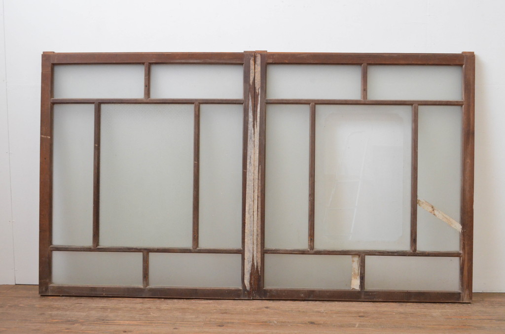 アンティーク建具　大正ロマンの雰囲気漂うガラス窓2枚セット(引き戸、ガラス戸)(R-067554)