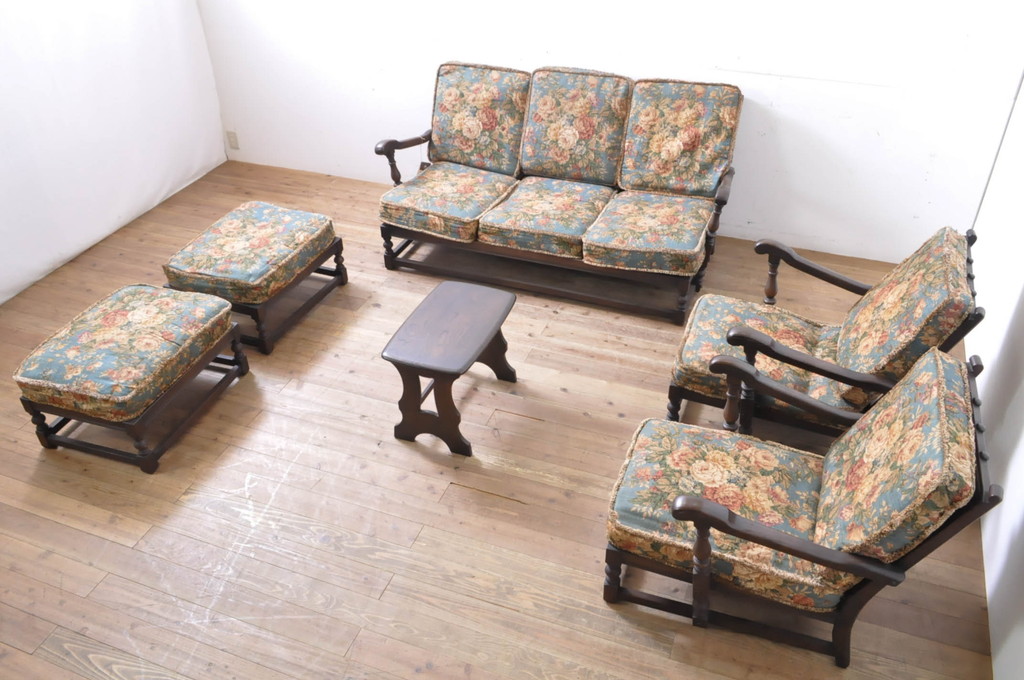 イギリスビンテージ　ERCOL(アーコール)　Old Colonial(オールドコロニアル)　シックな英国カントリースタイルのお部屋におすすめなオットマン(フットスツール、椅子、イス、チェア、ヴィンテージ、北欧)(R-066809)