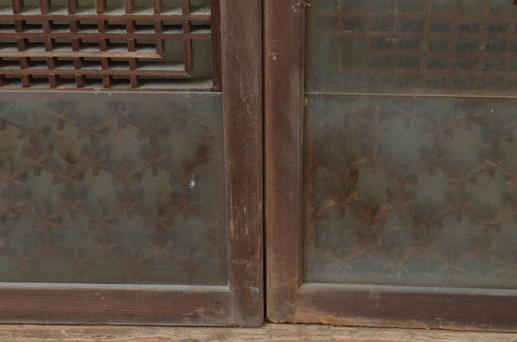 アンティーク建具　両面ガラス　落ち着いた和の雰囲気を演出する組子入り書院戸2枚セット(窓、ガラス戸、引き戸)(R-067793)