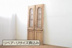 海外アンティーク　オーク材　かわいらしいデザインのアイアンフェンス入り背の高い両開きドア1対2枚セット(建具、木製扉)(R-068468)