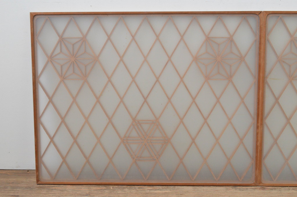 アンティーク建具　和の空間を演出する両面ガラスの組子入りガラス窓2枚セット(引き戸、ガラス戸)(R-067691)