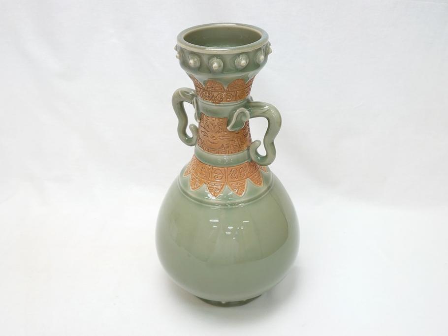江戸〜明治 三田焼 青磁 双耳 高さ30.5cm 花瓶(花器、花入、壺