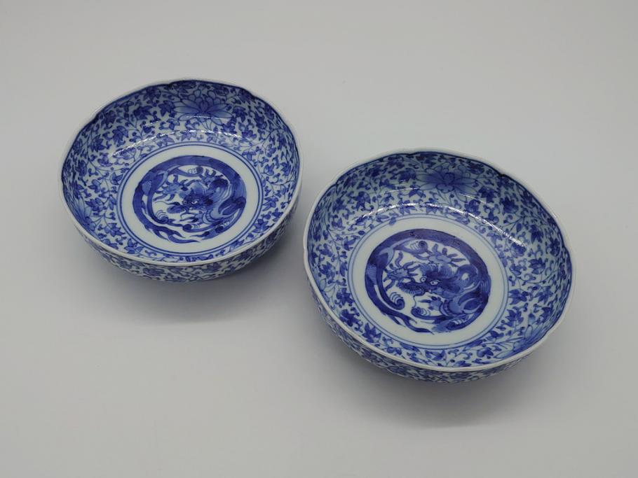 古伊万里 染付 龍 二重角福 唐草模様-