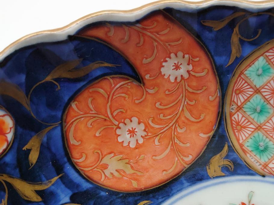 幕末期　上手物　金彩色絵染付　花盆文　8.3寸皿　約25cm　鮮やかな色彩が目を惹く楕円皿(八寸三分、和皿、和食器、皿)(R-061699)