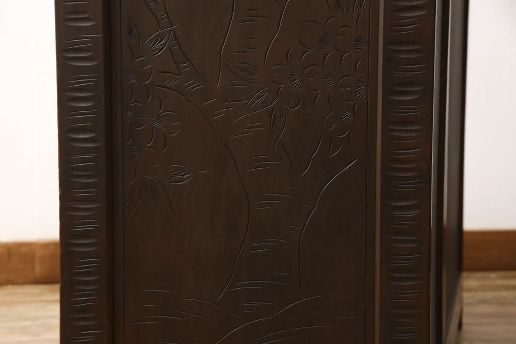 和製ビンテージ ヴィンテージ家具　伝統工芸　軽井沢彫り　細部まで施された満開の桜の彫刻が美しいドレッシングチェスト(ドレッサー、引き出し、鏡台)(R-060573)