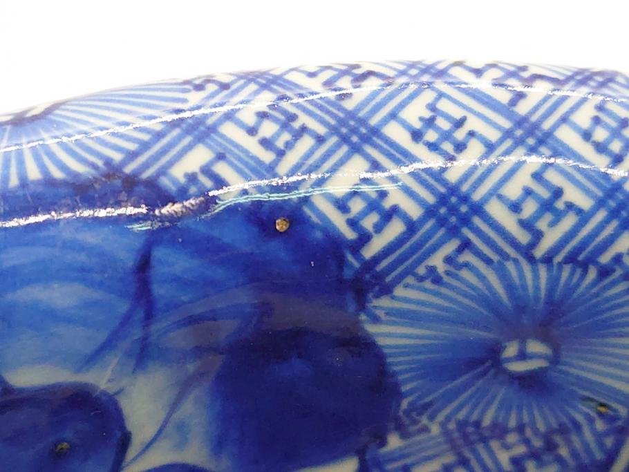 明治期　伊万里焼　ベロ藍　染付　8.7寸皿　約26.5cm　紺青色が目を引く花草文様の深鉢(八寸七分、牡丹、深皿、和食器、和皿)(R-061752)