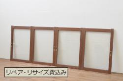 アンティーク建具　片面ガラス　鶴・松の彫刻入り書院ガラス戸4枚セット(書院戸、窓、引き戸)(R-071001)