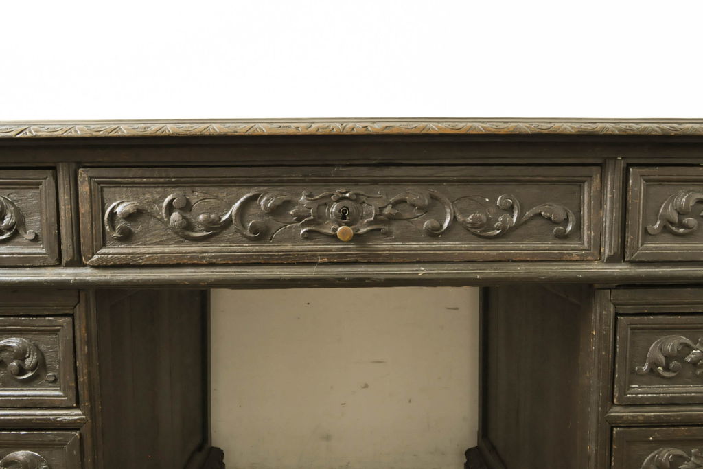 フランスアンティーク　最高級　組立て式　彫刻のデザインが素晴らしい両袖机(ニーホールデスク、プレジデントデスク、ワークデスク、在宅用、在宅ワーク)(R-060359)