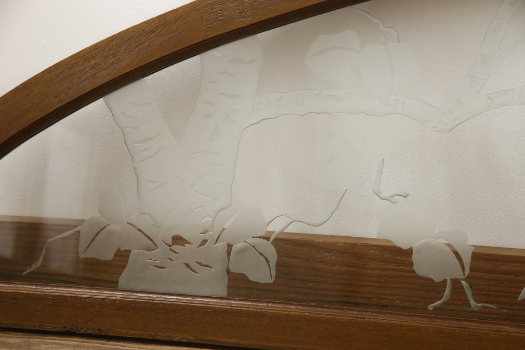 和製アンティーク　激レア!　希少　ナラ材　古い洋館のエッチングガラスの明り取り2枚セット(ガラス欄間、明かり取り)(R-063606)