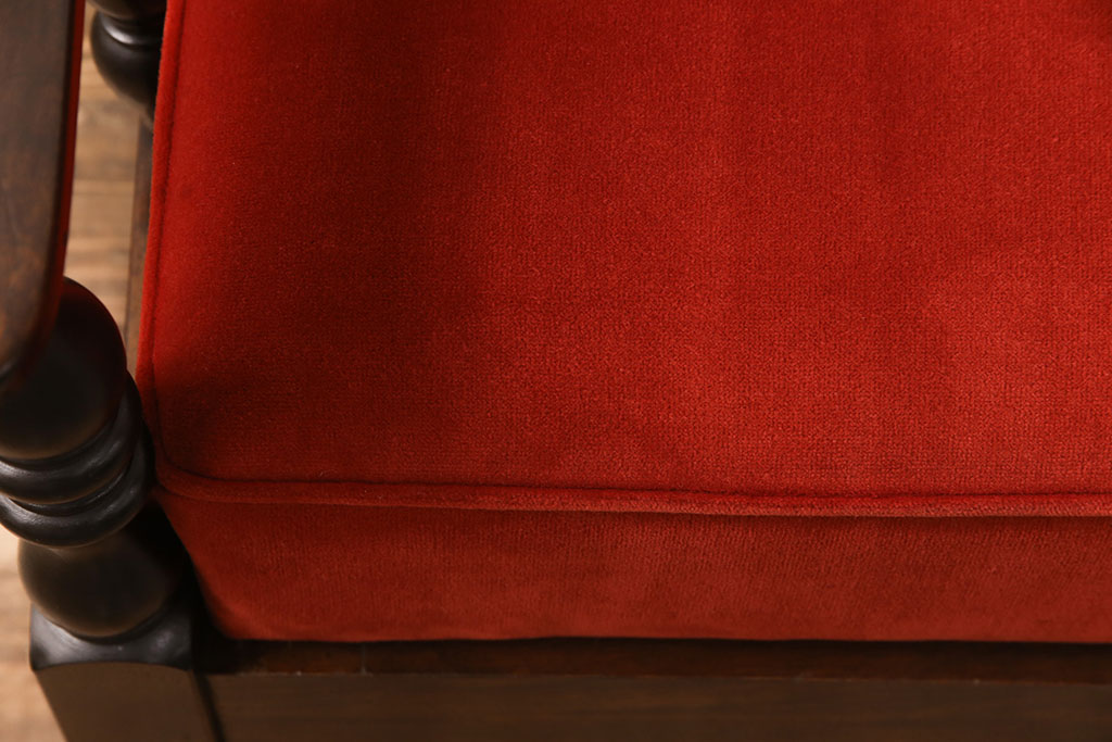中古美品　松本民芸家具　赤と茶のコントラストが鮮やかな3人掛けソファ(ベンチ、三人掛け、3P)(R-052187)