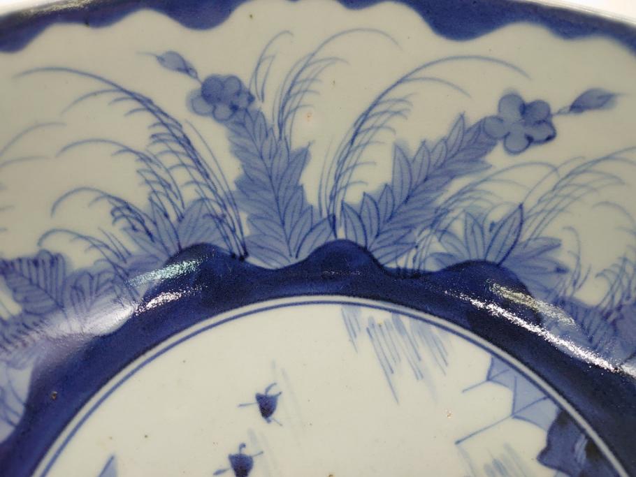 江戸期　古伊万里　大明年製　染付　山水図　9.2寸皿　約28cm　繊細な絵付けが美しい深鉢(九寸二分、和皿、深皿、和食器)(R-061818)