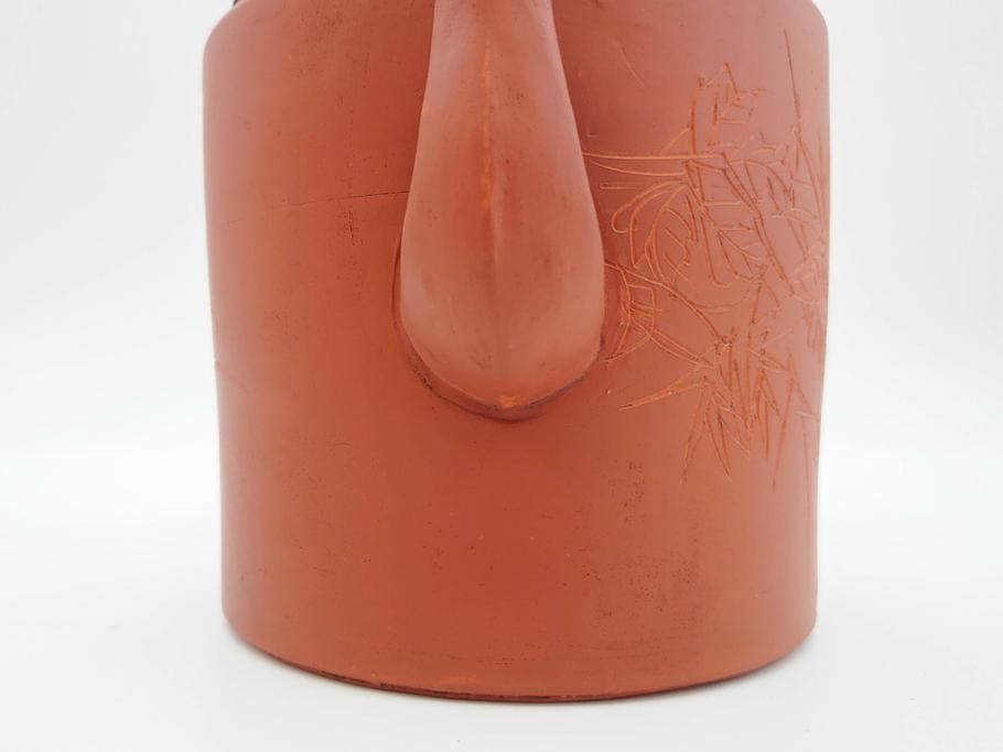 中国　朱泥　源典炳記　花鳥図　茶道具　繊細なデザインが彫られた急須(共箱付き、和食器、茶器)(R-069715)