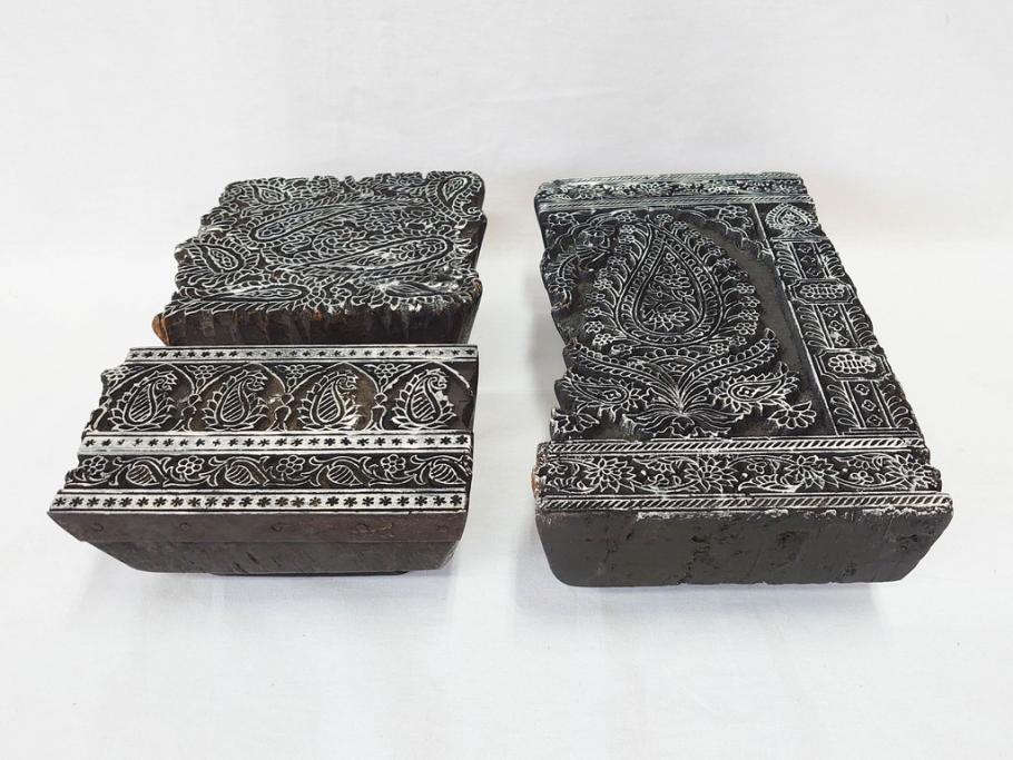 アンティーク　インド　更紗　細やかな彫りが美しい版木3個セット(ウッドスタンプ、木版画)(R-069854)