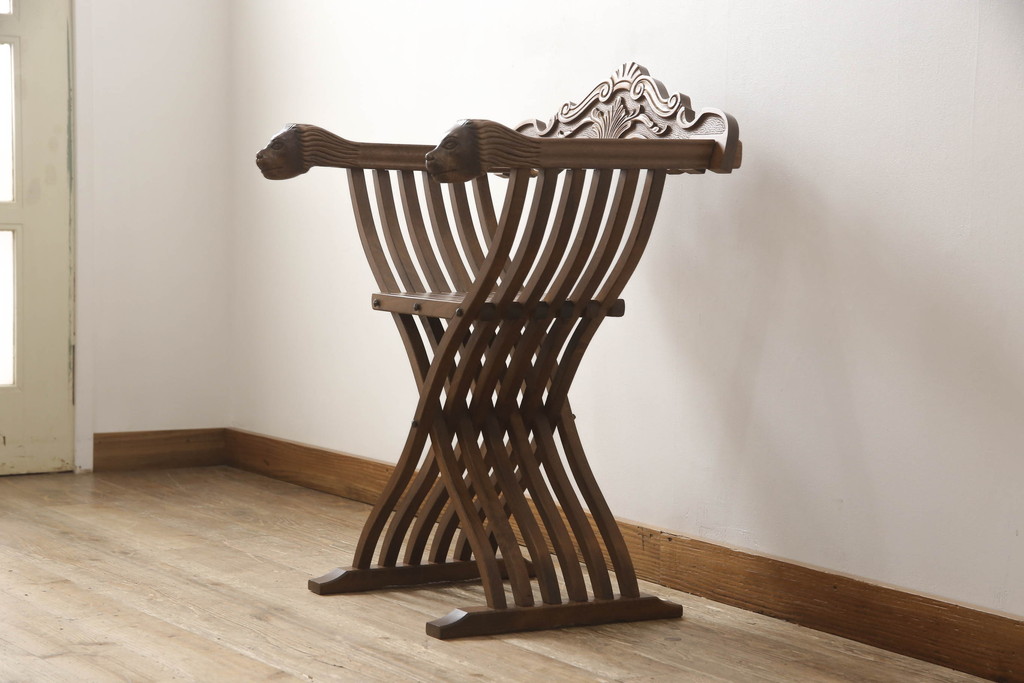 中古　イタリア輸入家具　美しい彫刻が目を引くサヴォナローラチェア(椅子、折りたたみイス)(R-062873)