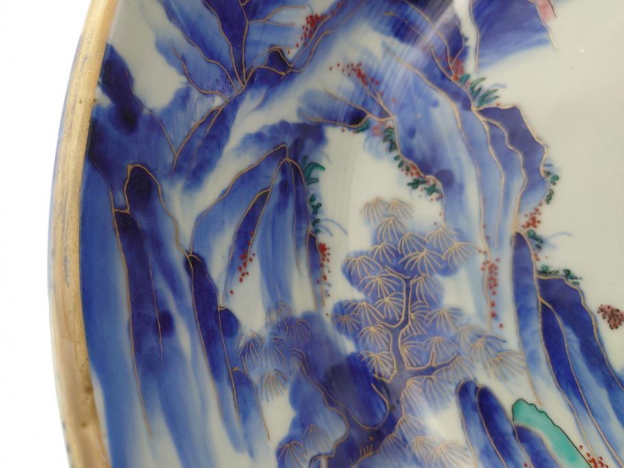 江戸期　古伊万里　色絵　染付　山水文　1尺皿　約31.5cm　藍色の濃淡で表現された図が魅力的な深鉢(一尺、深皿、和食器、和皿)(R-061979)