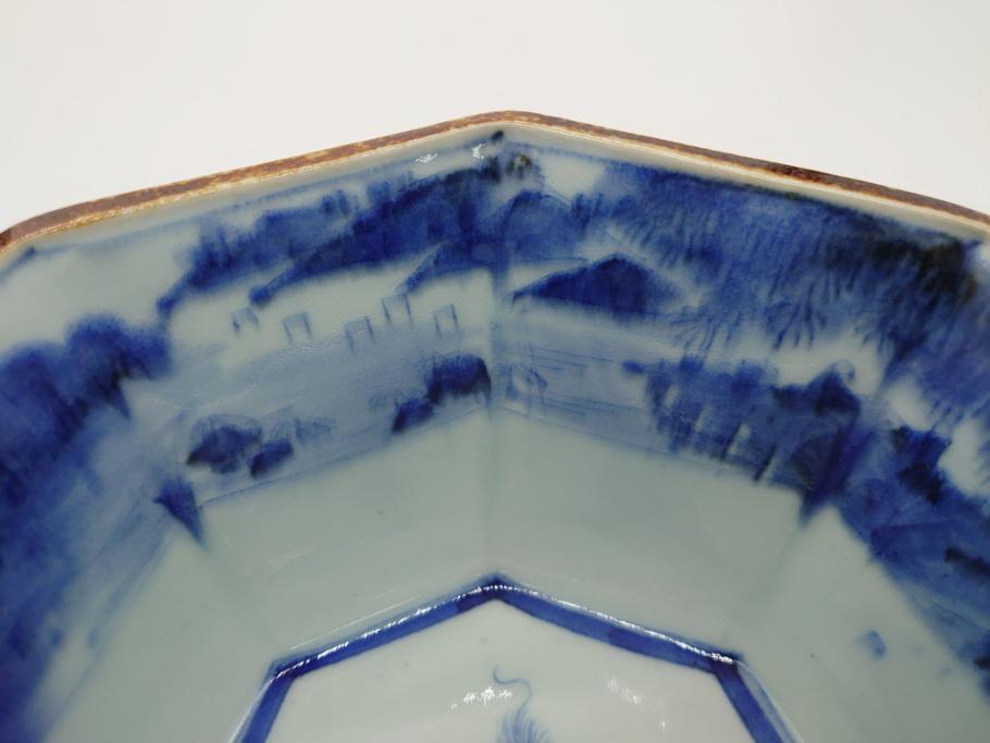 江戸期　古伊万里　染付　麒麟　竹林　賢人　6.4寸皿　約19.5cm　藍の濃淡で表現された圧巻の絵付けが魅力の八角深鉢(六寸四分、深皿、変形皿、和食器、和皿)(R-062044)