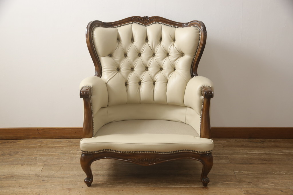 中古　美品　モリシゲ(MORISHIGE/森繁)　ロイヤルクィーン　優雅なデザインが魅力的な1Pソファ(アームチェア、1人掛けソファ、アームソファ、椅子、イス)(定価約108万9千円)(R-065424)