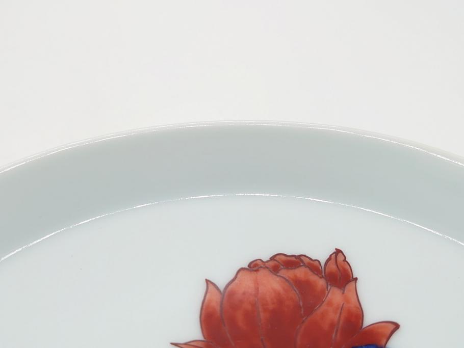 重要無形文化財　十二代 今泉今右衛門　錦　色絵　薔薇文　5.1寸　約15.5cm　大胆に描かれた薔薇の図が食卓のアクセントになる中皿5枚(銘々皿、色鍋島、和食器、五寸一分、共箱付き)(R-063955)