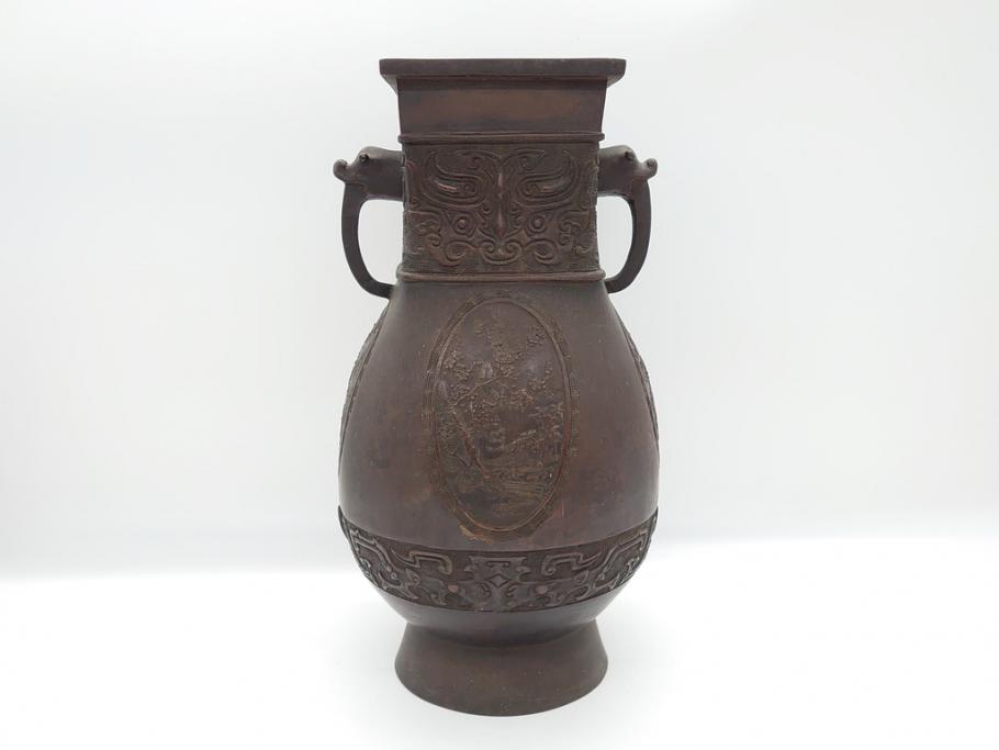 古玩　古銅　龍と梅の図　双耳　経年変化による味わいをお楽しみいただける壺(壷、花器、花瓶、中国?)(R-062100)