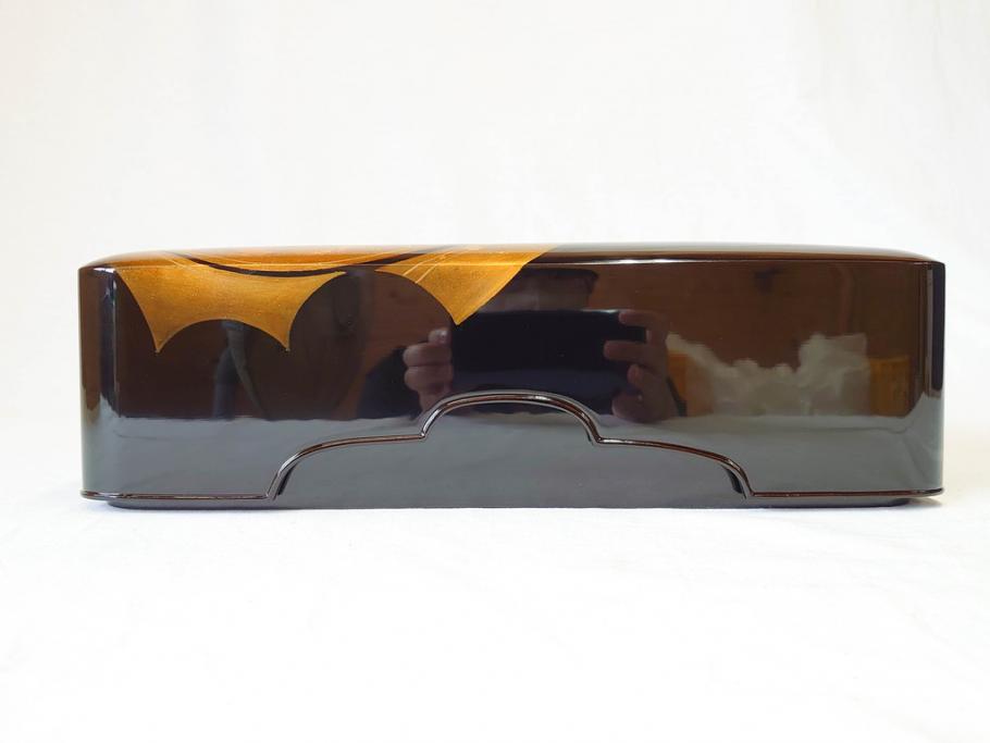 老舗 柏屋常左衛門商店　木曽漆器　波に鶴の蒔絵が描かれた美しい硯箱(共箱付き、木製、文箱、書道具)(R-069951)