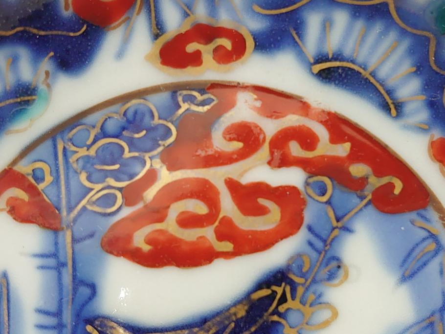 明治期　伊万里　色絵　染付　金彩　梅鳥文　3.7寸皿　約11cm　食卓を鮮やかに演出する小皿5枚セット(三寸七分、和食器、和皿)(R-062105)