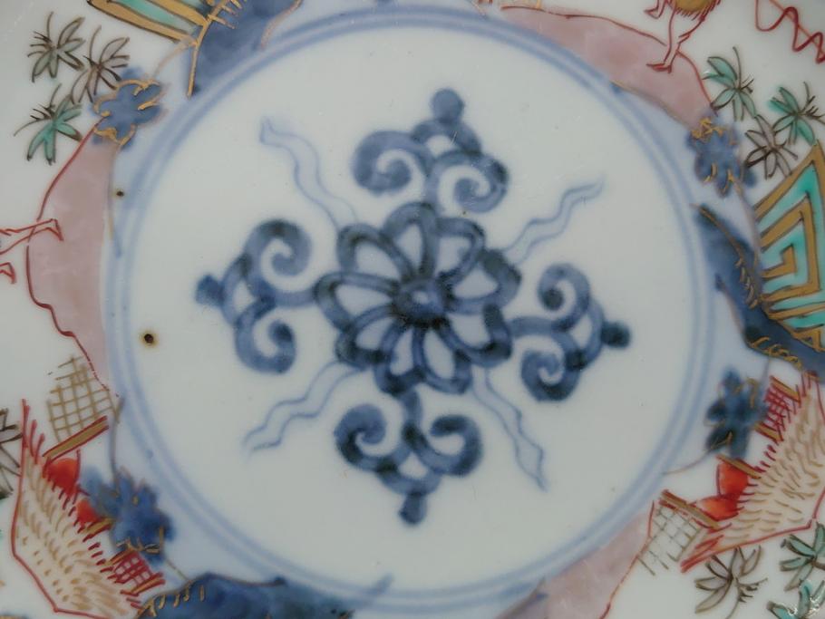 幕末期　伊万里　色絵　染付　金彩　4.5寸皿　約13.5cm　繊細で温かみのある絵付けが魅力の深皿5枚セット(四寸五分、中皿、和食器、和皿)(R-062108)