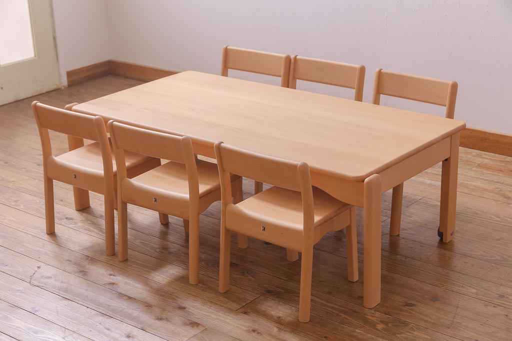 中古　飛騨産業　キツツキ　kids furniture　KF151TB　ビーチ材　キッズスタッキングテーブル(キャスター付きテーブル)(R-038403)
