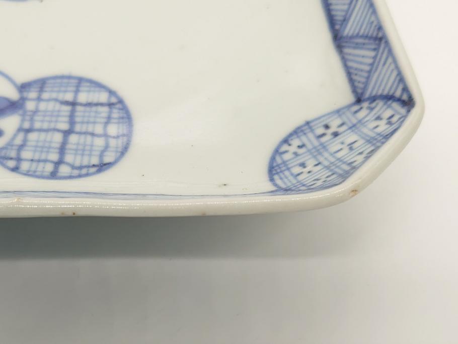 古伊万里　染付　丸紋　隅切り　5.3寸　約16cm　食卓を爽やかに彩る正角皿3客セット(葵、団花紋、五寸三分、変形皿、中皿、和皿、和食器)(R-062141)