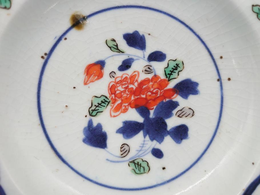江戸期　色絵　染付　花文　5寸　15　食卓を華やかに彩る深皿2客セット(五寸、リム皿、中皿、和食器、和皿)(R-062165)