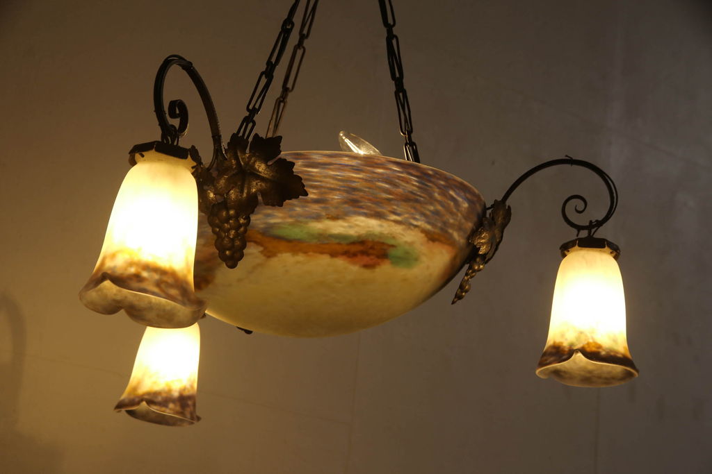 フランスアンティーク　アールヌーヴォー　ミューラー兄弟(Muller Freres Luneville)　美しいインテリアとしてもおすすめの4灯シャンデリア(ペンダントライト、吊り下げ照明、天井照明)(R-061616)