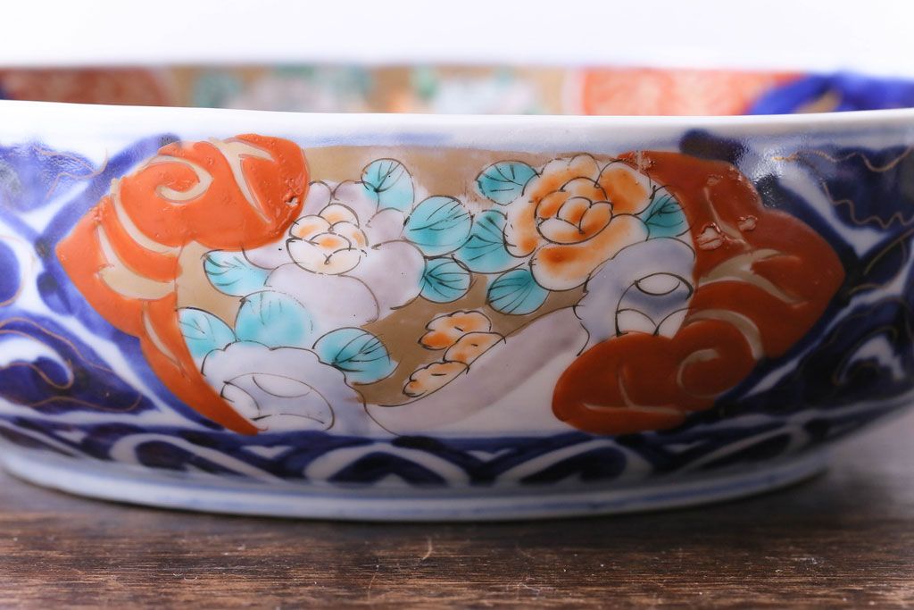 明治期　麒麟・獅子の図　色絵深鉢・小(深皿、和食器)