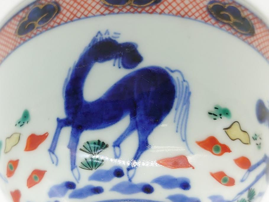 江戸期　萬暦年製　古伊万里　色絵　染付　稀少図柄　馬　3.8寸　約11.5cm　生き生きとした馬の絵付けが魅力の蓋付き茶碗3客セット(和食器、三寸八分)(R-062241)