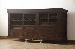 和製アンティーク　ナラ(楢)材　昭和レトロな雰囲気漂う二段重ね食器棚(カップボード、戸棚、収納棚、キャビネット)(R-068085)