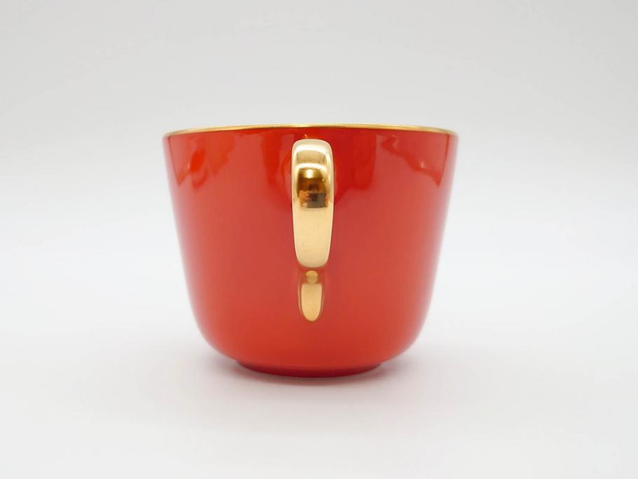 大倉陶園(OKURA、OAC)　色蒔き(レッド)　シンプルながら上品な雰囲気を醸し出すモーニングカップ&ソーサー(洋食器、C&S、箱付き)(R-070221)