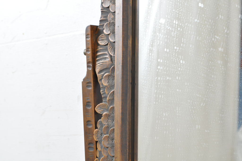 和製ビンテージ　軽井沢彫り　隅々まで施された桜の意匠が目を惹く収納付き姿見(ミラー、ドレッサー、鏡台、ヴィンテージ)(R-062475)