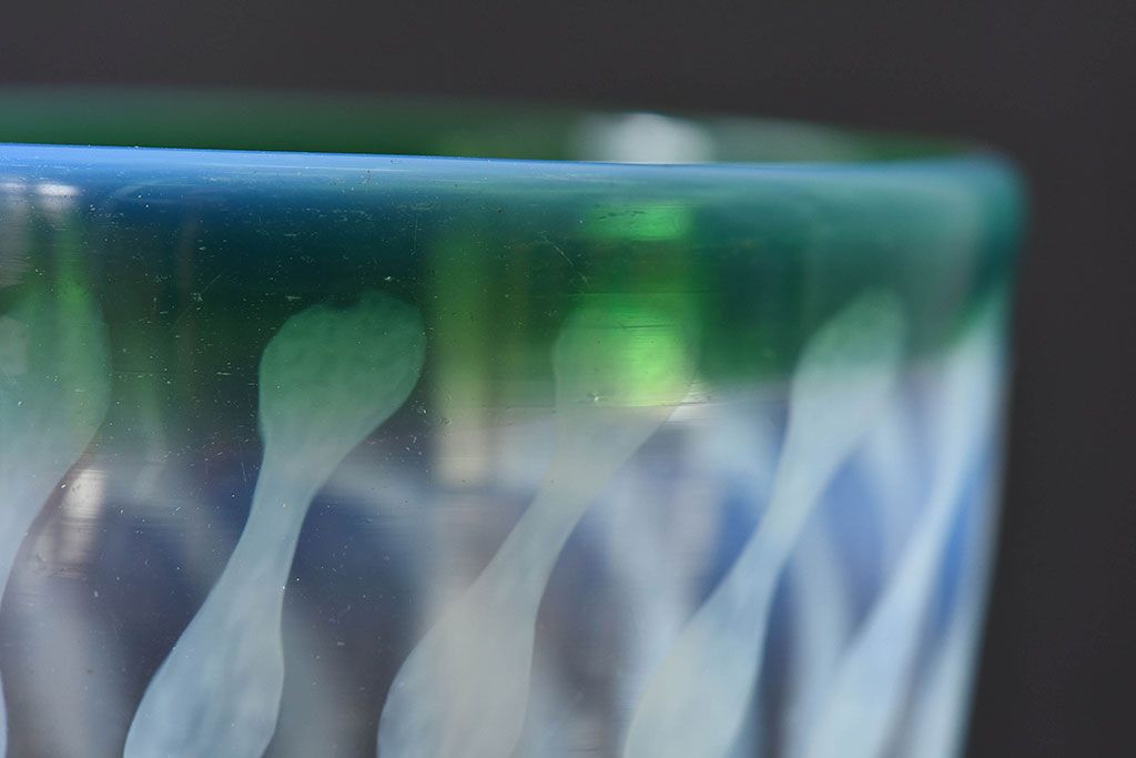 アンティーク雑貨　古民具・骨董　和ガラス　緑暈し玉垂れ文　なつめ形の氷コップ