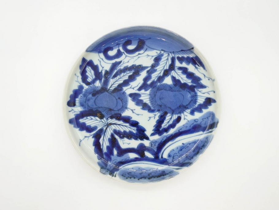 江戸期　古伊万里　染付　栗図　7.4寸　約23cm　藍色の濃淡が魅力的な中皿3枚セット(和食器、和皿、七寸四分)(R-070399)