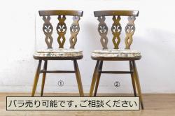 中古　伝統工芸　軽井沢彫り　大輪の牡丹の彫が目を惹くダイニングチェア(板座チェア、椅子)(R-051134)