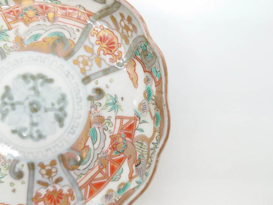 幕末　古伊万里　金彩　色絵　約12cm　3.8寸　煌びやかな絵付けが素敵な小皿5枚セット(獅子、松竹、和食器、深皿、和皿、三寸八分)(R-070406)