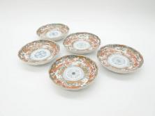 幕末　古伊万里　金彩　色絵　約12cm　3.8寸　煌びやかな絵付けが素敵な小皿5枚セット(獅子、松竹、和食器、深皿、和皿、三寸八分)(R-070408)