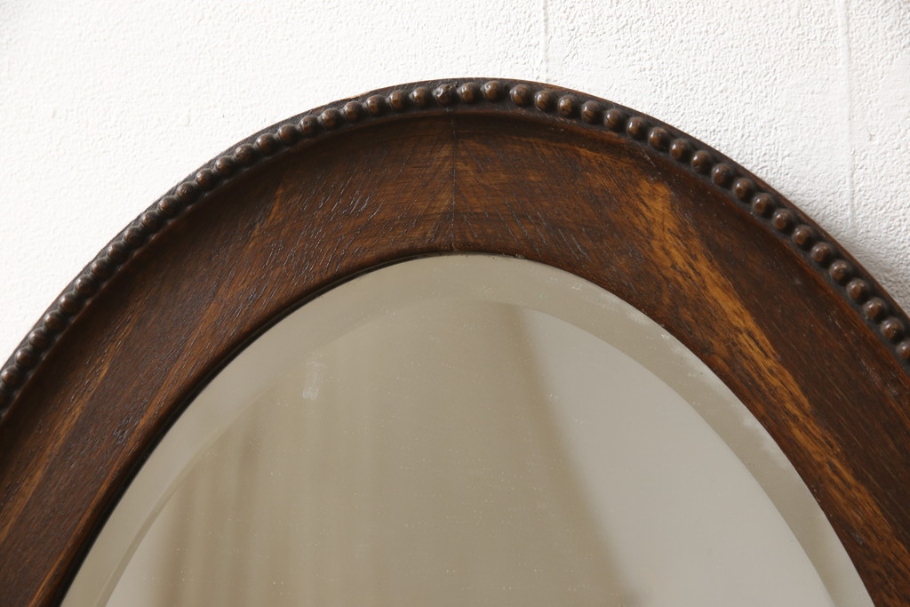 イギリスアンティーク　オーク材　縁の装飾がアクセントのオーバルミラー(鏡)(R-058521)