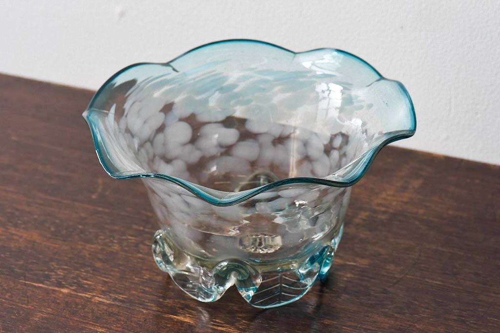 アンティーク雑貨 和製アンティーク　青緑フリル吹雪模様コンポート(ガラス鉢、和ガラス)