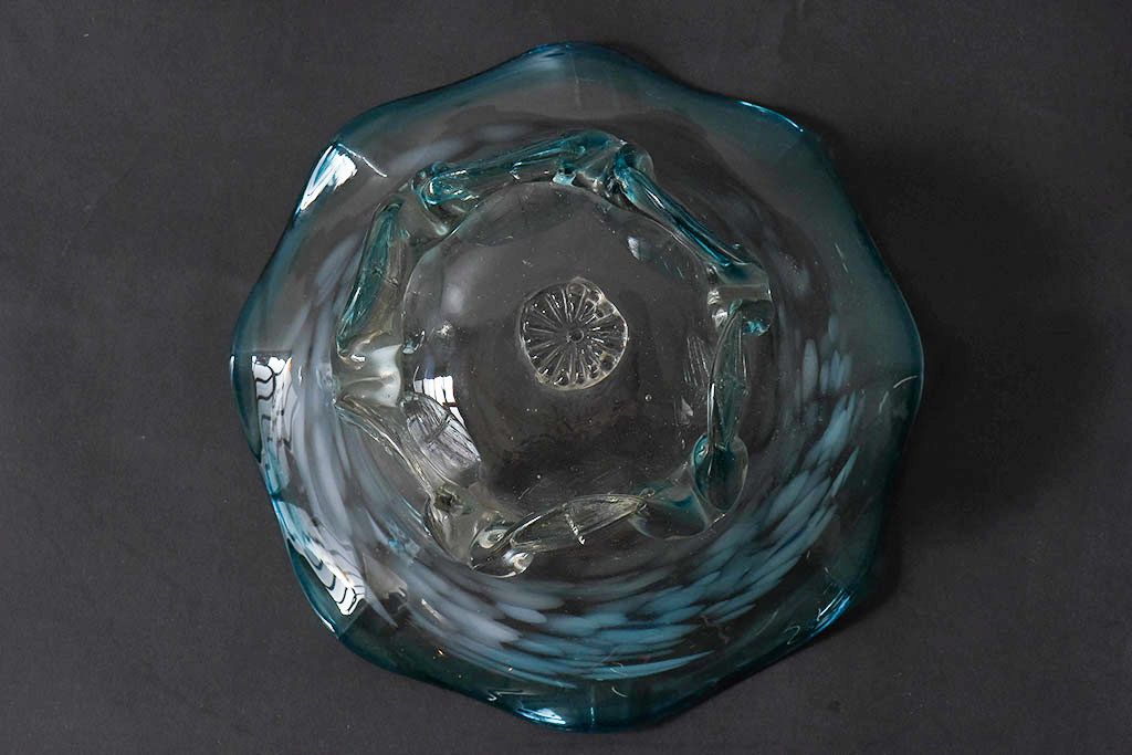 アンティーク雑貨 和製アンティーク　青緑フリル吹雪模様コンポート(ガラス鉢、和ガラス)